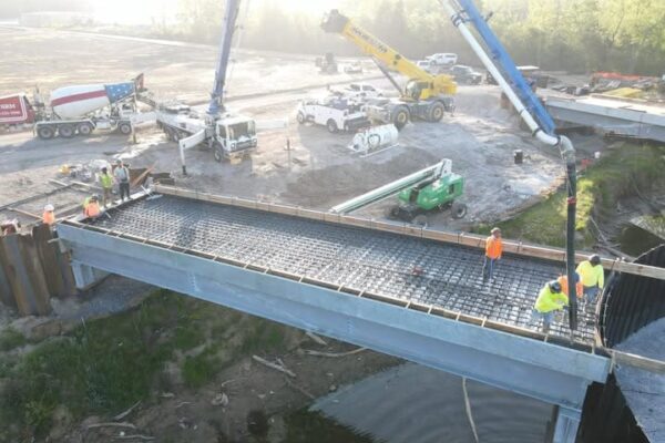 Workers installing reinforcing steel before a concrete bridge deck pour at the Ashland City barge dock project