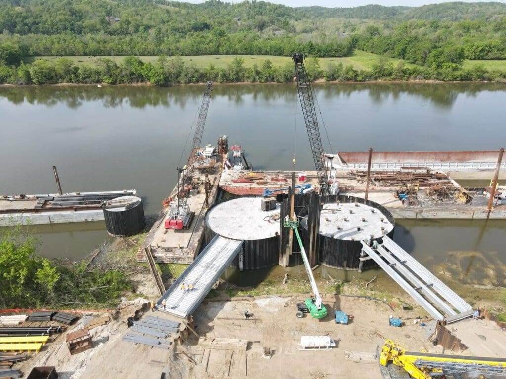 Commercial marine construction at the Ashland City River Port featuring reinforced concrete dock structures and bridge access