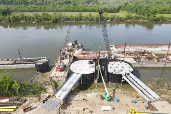 Commercial marine construction at the Ashland City River Port featuring reinforced concrete dock structures and bridge access