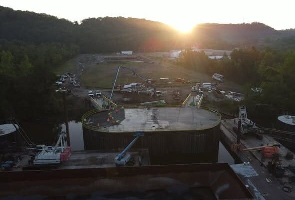 fresh concrete placement on the new barge dock in Ashland City, TN during sunrise by TNT Services